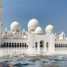 Majestic main dome of the Sheikh Zayed Grand Mosque in Abu Dhabi, adorned with intricate floral patterns and surrounded by a sea of smaller domes. The spectacular marble flooring showcases elaborate floral designs.