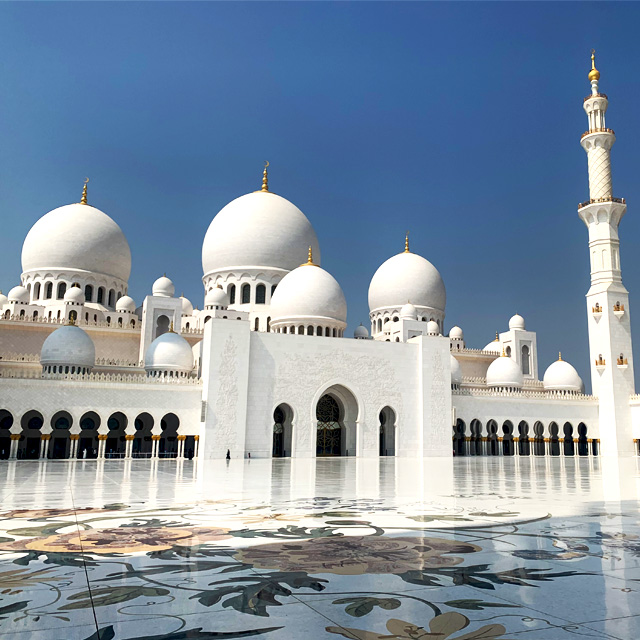 Majestic main dome of the Sheikh Zayed Grand Mosque in Abu Dhabi, adorned with intricate floral patterns and surrounded by a sea of smaller domes. The spectacular marble flooring showcases elaborate floral designs.