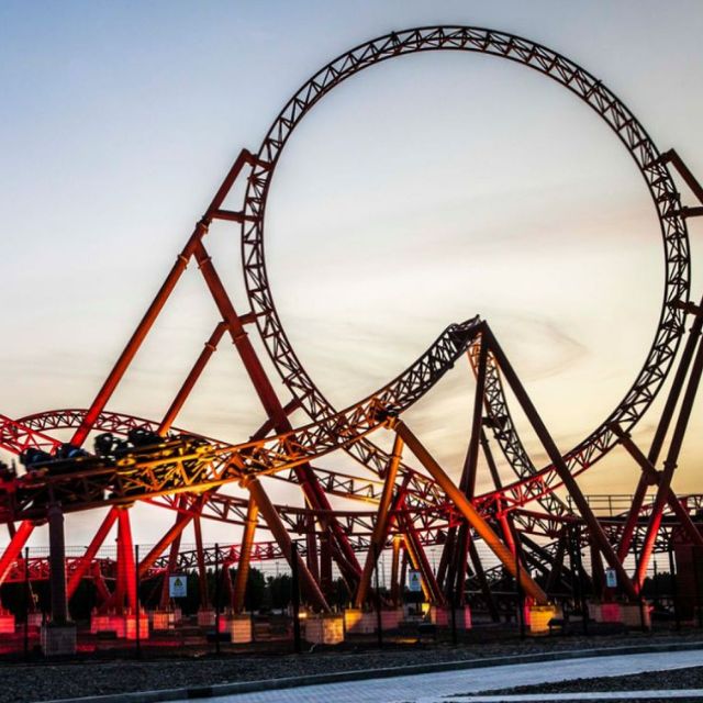 Curving and twisting rollercoaster track at IMG Worlds of Adventure, promising an exhilarating ride
