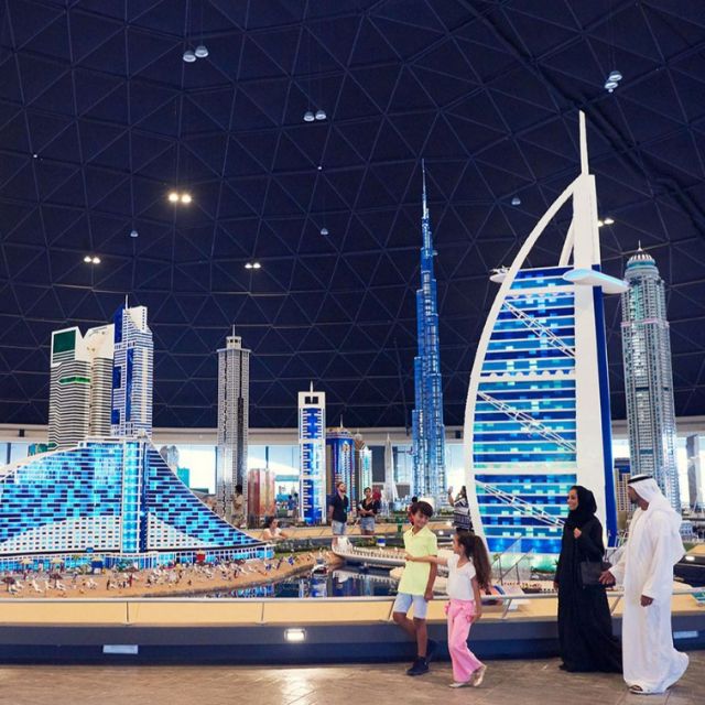 Impressive LEGO sculpture showcasing Dubai's famous landmarks including Jumeirah Beach Hotel, Burj Al Arab, and Burj Khalifa