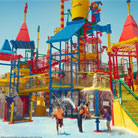 Excited children splashing and playing in the Joker Soaker water play area at LEGOLAND Water Park