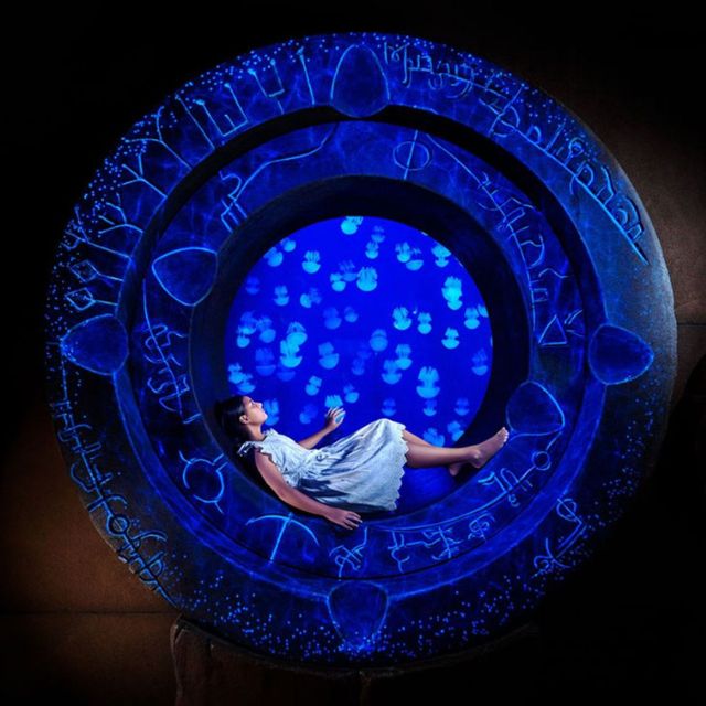 Immersive underwater experience: A magical moment for a little girl as she sits inside a transparent enclosure surrounded by marine life.