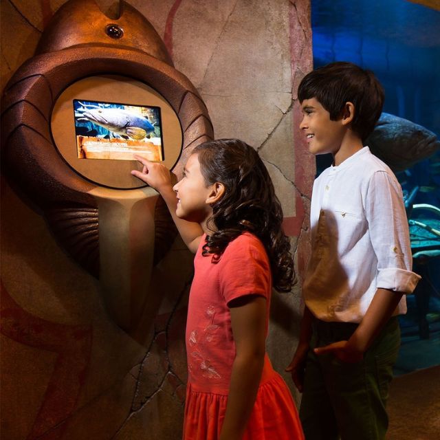 Learning is fun: Two kids engaged in an interactive touchscreen display about marine life at Atlantis Dubai.