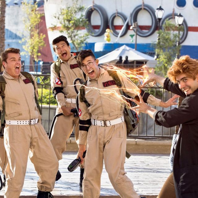 Motiongate Dubai staff member dressed as a Ghostbuster, ready to battle paranormal activity