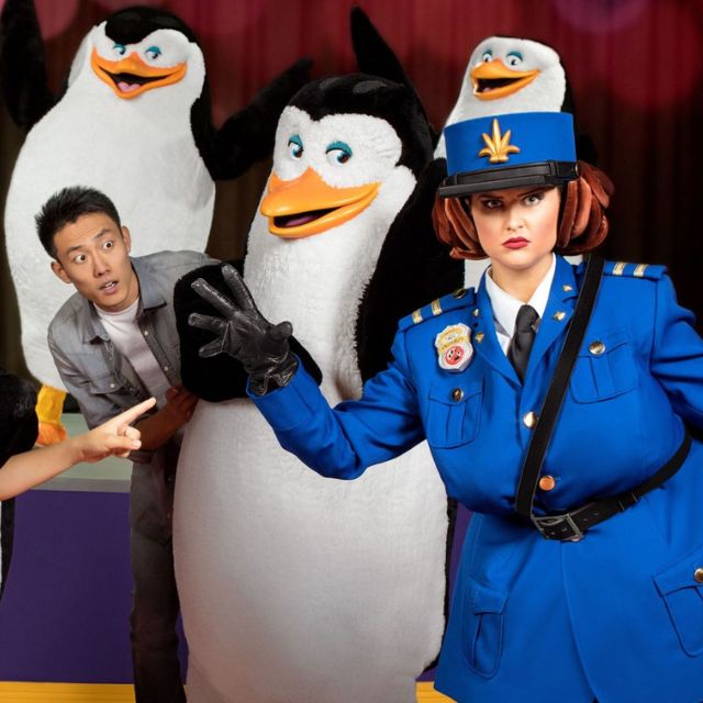 Unforgettable moment posing with Captain Chantel DuBois, Skipper, Kowalski, and Rico from Madagascar at Motiongate Dubai