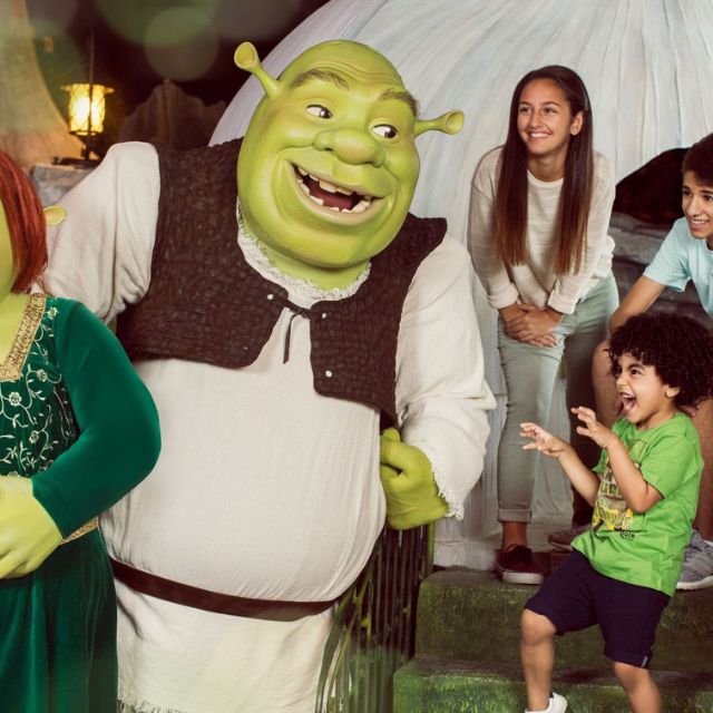 Kids having a roarsome time with Shrek and Fiona at Motiongate Dubai