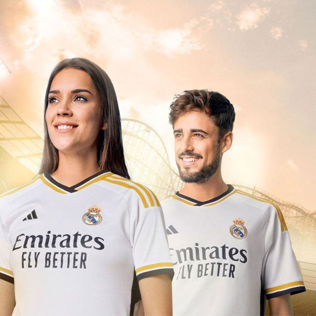 Passionate Real Madrid fans: Couple posing in team jerseys at Dubai Parks and Resorts