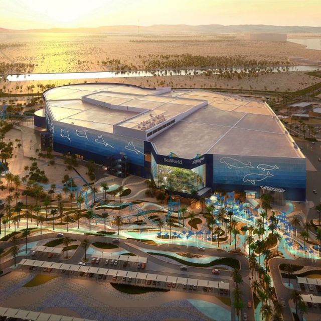 Stunning aerial view of SeaWorld Abu Dhabi, showcasing the expansive marine life theme park