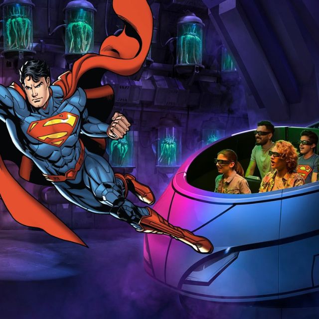 Immersive experience: Family enjoying the Superman 360 ride with 3D glasses at Warner Bros. World Abu Dhabi
